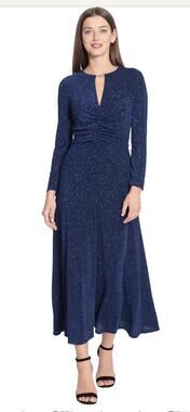 Maggy London Women's Size 14 Navy Blue Glitter Long Sleeve Dress